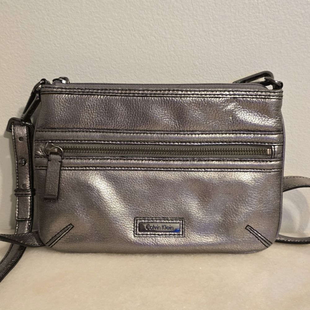 Calvin Klein Gunmetal Metallic Leather Crossbody Bag Purse